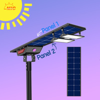 Lampadaire solaire LED à double tête intégré, panneau solaire bifacial à angle réglable, éclairage extérieur pour allées avec détecteur de mouvement