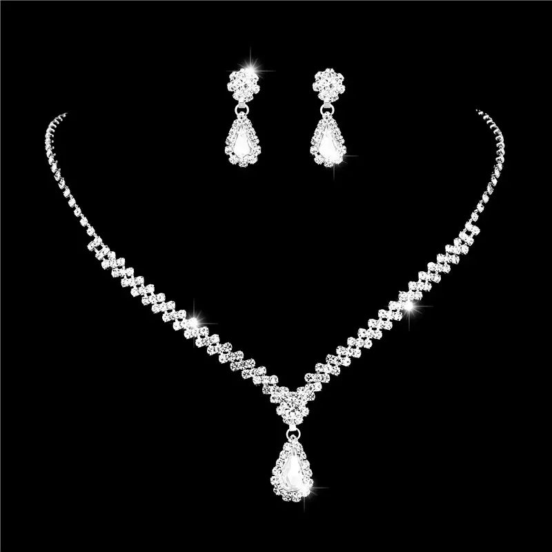 Fashion Crystal Bride Jewelry Set Rhinestone Silver Plated Wedding Dress Necklace Earring Set Water Drop Clavicular Chain