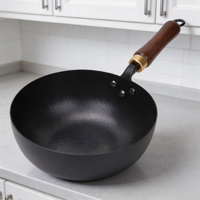 Wok en fer nitrué de 24 cm, fer pur, moulage de précision, certification de sécurité pour le contact alimentaire, revêtement antiadhésif, couvercle en verre, poignée en bois