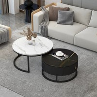 Ensemble de tables basses gigognes rondes de luxe moderne avec tiroir de rangement, plateau en pierre frittée, structure métallique pour mobilier de salon