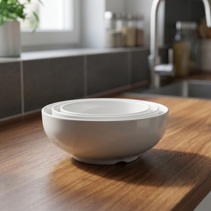 Ensemble de bols en céramique minimalistes empilables, blancs, ronds, pour servir les aliments - Product Image 4