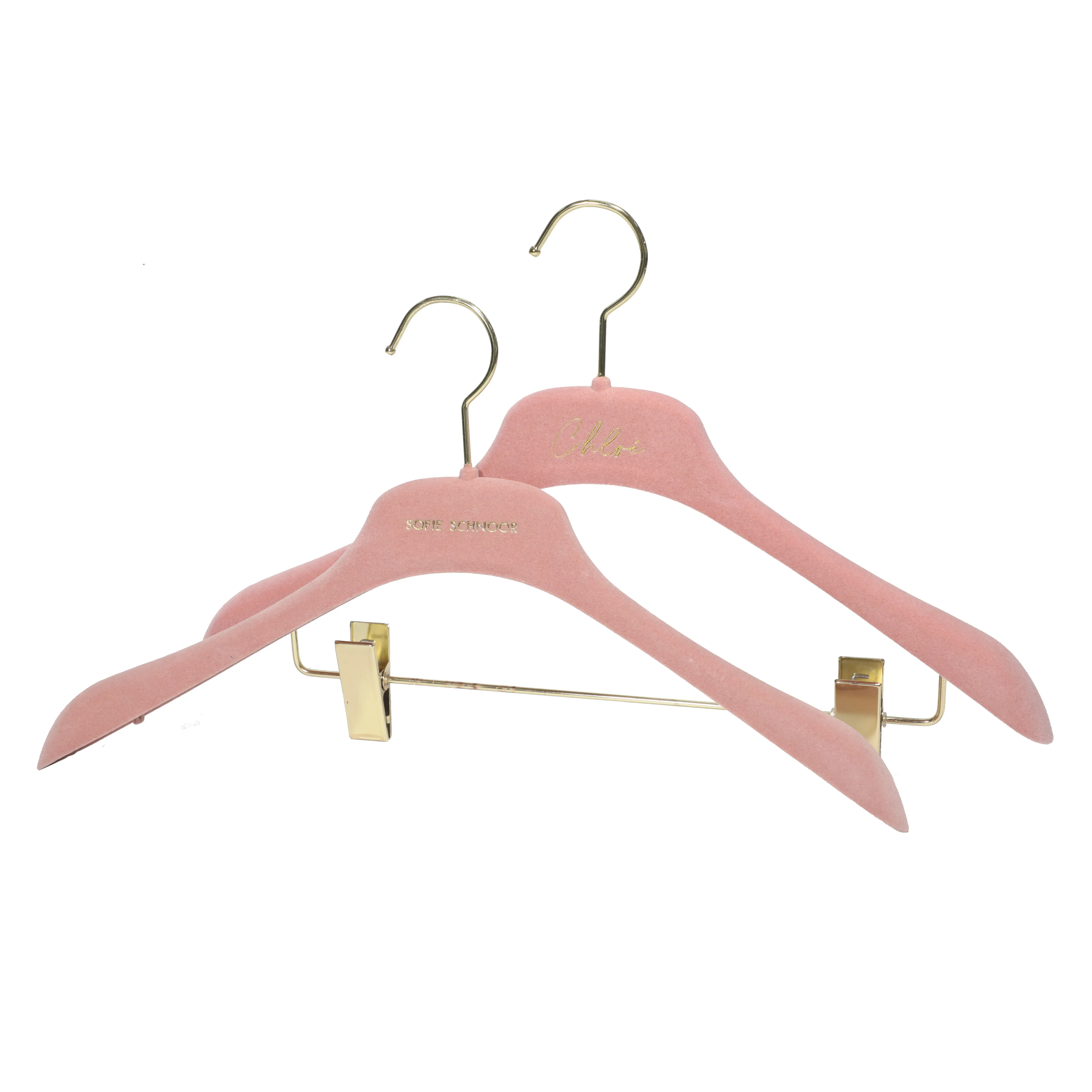 Custom high quality pink velvet flocked plastic hanger thin space saving clothes hanger