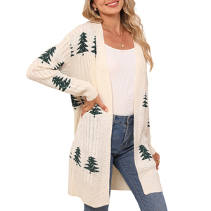 Cardigan long en tricot jacquard torsadé pour <span class=keywords><strong>femme</strong></span>, motif sapin <span class=keywords><strong>de</strong></span> <span class=keywords><strong>Noël</strong></span>, ouvert sur le devant, coupe décontractée, pour l'hiver - Product Image 1