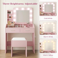 Spiegel LED Lichter Make-up Waschtisch mit Steckdose Gepolsterter Hocker Schmink tisch Schubladen 3 Beleuchtungs modi Schlafzimmer Pink