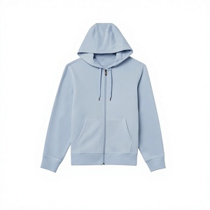 เสื้อฮู้ดซิปสีฟ้าอ่อนสำหรับผู้ชาย ผ้าฝ้าย 100% เสื้อสเวตเชิ้ตมีฮู้ด สวมใส่สบายๆ สำหรับฤดูใบไม้ร่วง ทรงปกติ สีพื้น ผ้าเฟรนช์เทอร์รี่ - Product Image 2