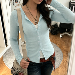 Solid <b>Lightweight</b> Textured Button Front Long Sleeve <b>Cardigan</b> Simple Versatile Slim Fit Casual Knit Cover Up Top for Women - Product Image 3
