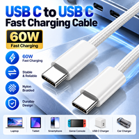 Kabel USB C ke USB C 60W 3A, Kabel Data Pengisian Cepat Tipe C Berbahan Nilon, Kabel Pengisian Daya C ke C untuk Ponsel, Tablet, Laptop