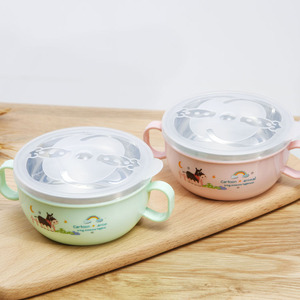 Tazón de acero inoxidable con diseño de animales de dibujos animados para bebés de 0 a 12 meses, con tapa y asas, libre de BPA, diseño de boca ancha. - Product Image 1
