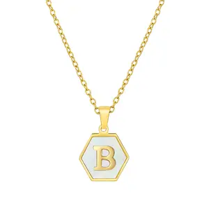 The New Listing hexagon Initial Letter Stainless Steel Jewelry vintage chain Necklace pendant gold jewelry for women