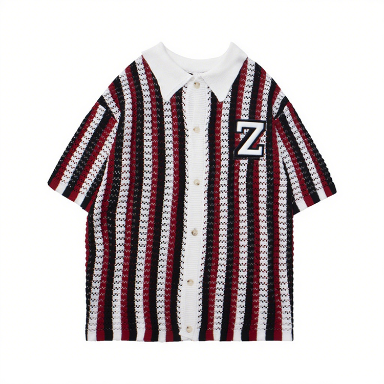 OEM Men's Summer Cardigan Sweater Custom LOGO Short Sleeve Knit Jersey Turn-Down Collar Breathable Anti-Shrink Button Shirt