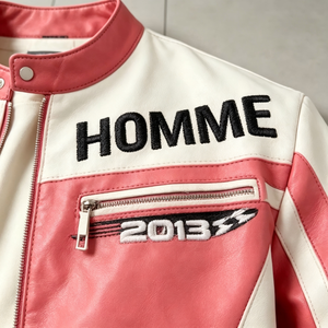 Custom Retro Cropped <strong>pink</strong> and White Faux Leather Racing <strong>Jacket</strong> Streetwear Retro Motorsport Color Block <strong>Biker</strong> <strong>Jacket</strong> for Men - Product Image 3