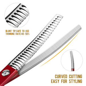 Tijeras de Entresacar para Mascotas de Acero Inoxidable con Hoja de 6.5 Pulgadas, Estilo Medon, Mango Rojo y Dientes Curvos Tipo Espina de Pescado - Product Image 5