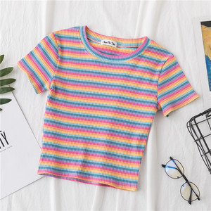 Casual O-Neck Women's Crop <strong>Top</strong> T-Shirt 95% Cotton 5% Spandex Sweet Slim Fit <strong>Rainbow</strong> Striped Design - Product Image 2