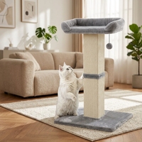 Arbre à chat moderne en peluche, griffoir durable 40x30cm, hauteur 88cm, base en sisal tressé, pompons gris foncé, panneau artificiel en polaire corail