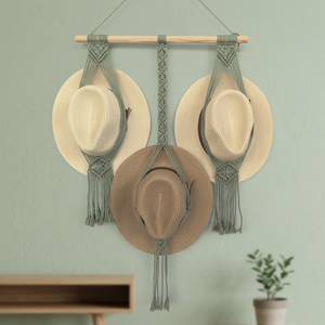 Porte-chapeaux mural bohème en macramé, support de rangement pour chapeaux de paille, organisateur d'entrée, style fibre végétale à un seul niveau - Product Image 1
