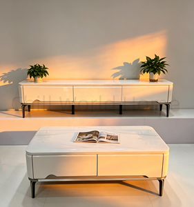 Meuble TV de Luxe Léger, Table Basse avec Tiroirs de Rangement, <span class=keywords><strong>Bois</strong></span> Massif et Pierre Technologique, Ensemble de Meubles de Divertissement Minimaliste pour Salon - Product Image 1