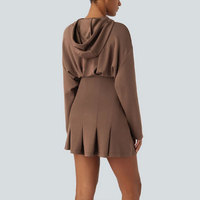 Huili femmes à manches longues robe à capuche couleur unie taille haute une pièce haut et jupe plissée modeste robe à capuche personnalisée