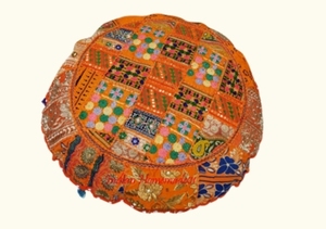 Traditional Embroidered Cotton <b>Round</b> Floor <b>Cushion</b> in Orange Patchwork Design Decorative Handmade Seat <b>Cushion</b> for Home Office - Product Image 3