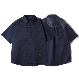 Camicia da uomo in denim di seta a maniche corte, stile giapponese retrò etnico; Vestibilità rilassata, nuova chiusura con bottoni alla coreana in stile cinese - Product Image 3