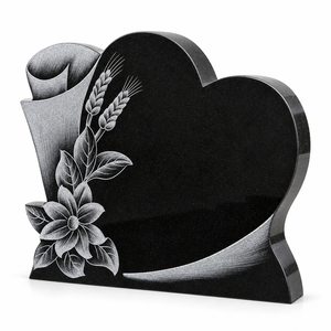 Pierre tombale en granit noir absolu, sculptée à la main, avec gravure florale en relief, pierre commémorative, pierre tombale - Product Image 1