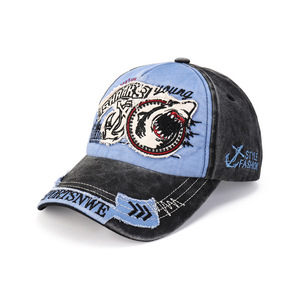 Gorra de béisbol de 6 paneles, 100% algodón twill, personalizada, deportiva, con parche de sol, logotipo de tela, efecto desgastado, lavado Shark - Product Image 4