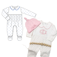 Tenue de rentrée à la maison pour bébé fille personnalisée avec monogramme, combinaison classique blanche à pois roses et ensemble chapeau assorti