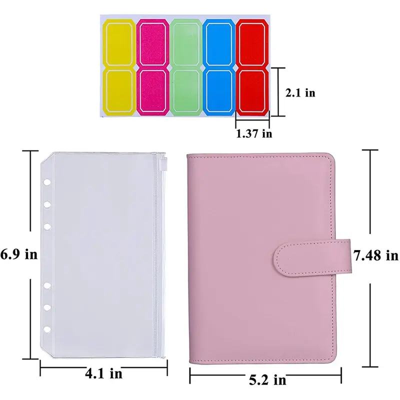 6 rings spiral business office planner PU leather cover budget binders A6 notebook binder with plastic envelopes