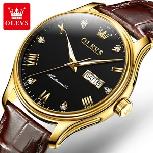 OLEVS 9932นาฬิกาข้อมือชาย,นาฬิกาจักรกลอัตโนมัติหรูหราสีดำทหารเรียบง่ายกันน้ำ
