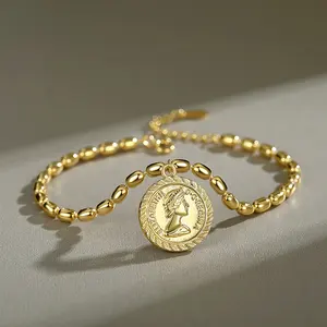 Joyería personalizada de moda 18K chapado en oro Retro europeo pulseras de cuentas mujeres retrato personalizado lienzo encanto