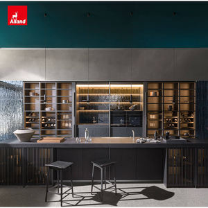 Étagères à vin flottantes en verre avec éclairage LED, en placage de noyer unique, fabrication sur mesure par Alland Manufacturer, style moderne, étagères squelette - Product Image 1