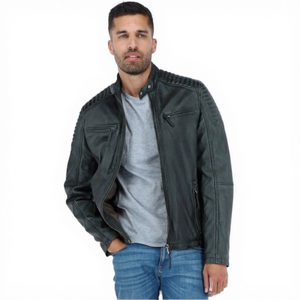 Veste en cuir véritable vert pour homme, avec épaulettes rembourrées, col à boutons-pression, en peau de mouton vieillie, style Cafe Racer, manteau de motard, vêtement d'extérieur personnalisé pour l'hiver - Product Image 1
