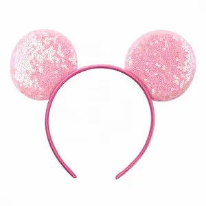 Faixa de cabeça com lantejoulas para meninas, acessório de cabelo e festa de feliz aniversário, com orelha de mouse brilhante e lantejoulas