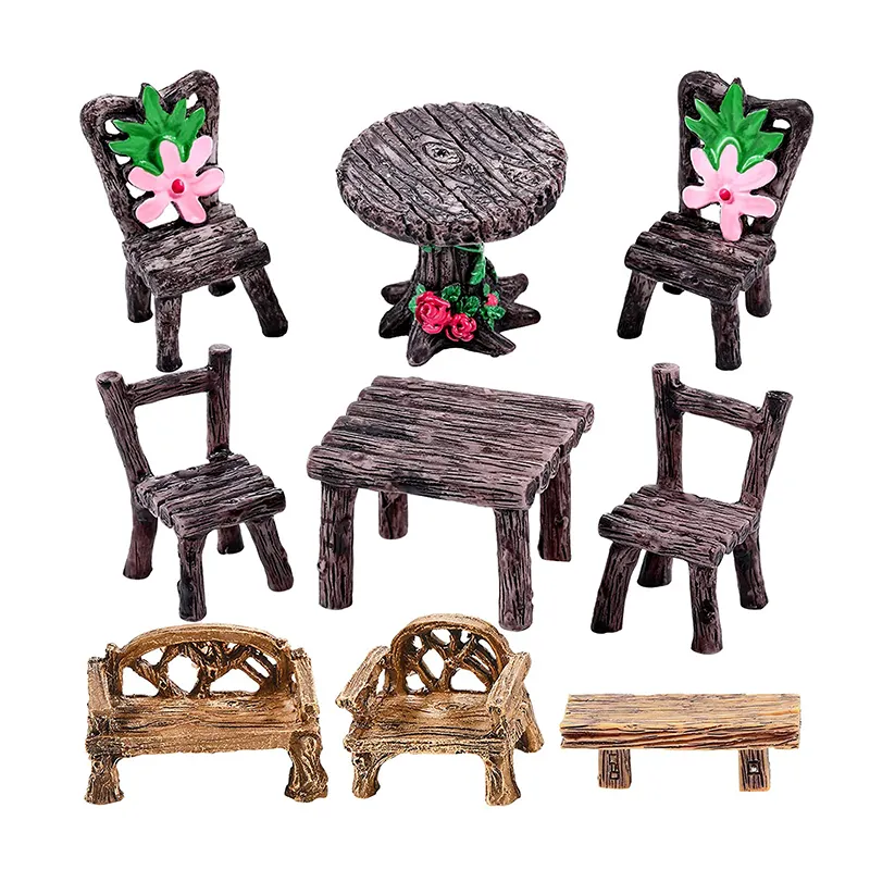 9 Stuks Fairy Tuin Meubels Ornamenten Mini Decoratieve Hars Bloemen Tafel Stoel Micro Landschap Decoratie