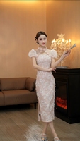 3291 Nouvelle robe Cheongsam élégante et respirante en tissu floral brodé, coupe midi trapèze avec fente latérale pour femme