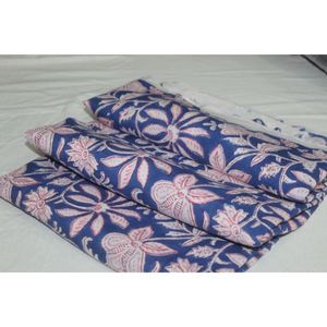 Blue & Pink Flower Hand Block Print Cotton Fabric 110 GSM for Curtains <b>Diapers</b> Home Textiles Bags Accessories for Best Price - Product Image 1