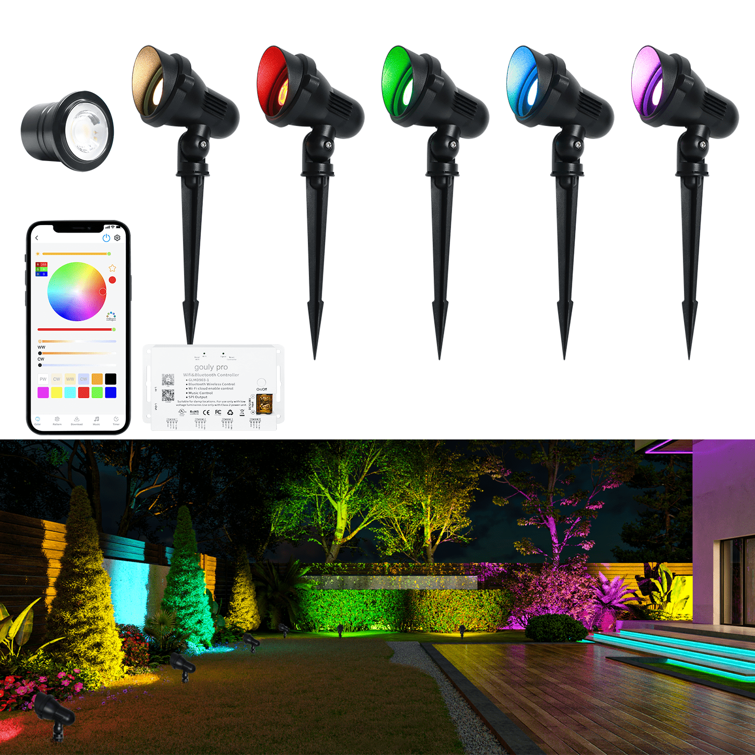 Outdoor Garden Lights MR16 RGBW LED Landscape Lighting Smart APP Control 24V Low Voltage Aluminum Body IP65 for Yard Pathway
