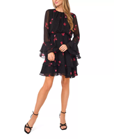 Robe Courte Fleurie à Manches Longues et Volants pour Femme, Col Rond, Taille Élastique en Satin, Respirante, Idéale pour les Sorties Quotidiennes, les Fêtes et le Shopping