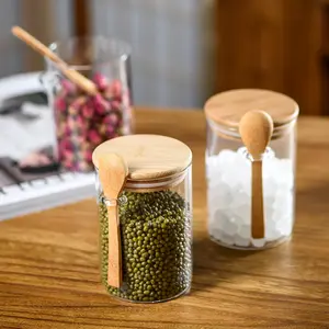 Frasco de almacenamiento de especias para alimentos de vidrio de borosilicato alto de todos los tamaños con tapa y cuchara de Bambú