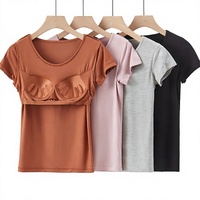T-shirt décontracté à manches courtes pour femme avec soutien-gorge intégré, vêtement d'intérieur d'été, sans besoin de soutien-gorge, conception une pièce sans armatures