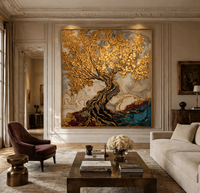 Peinture à l'huile sur toile de luxe, paysage abstrait vertical d'arbre doré peint à la main, texture épaisse, feuille d'or, art mural encadré pour