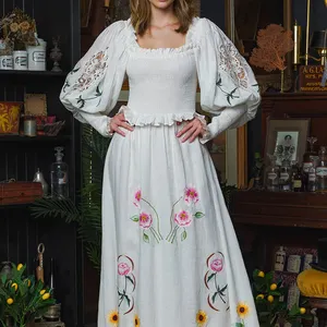 OEM Embroidered Long Sleeve Embroidered maxi dress in Ivory linen long women's dresses