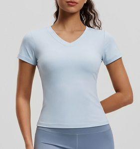 T-shirt de yoga ajusté pour femme, 82,5 % polyester, 17,5 % élasthanne, col en V, logo personnalisé, manches courtes, t-shirts de sport - Product Image 6