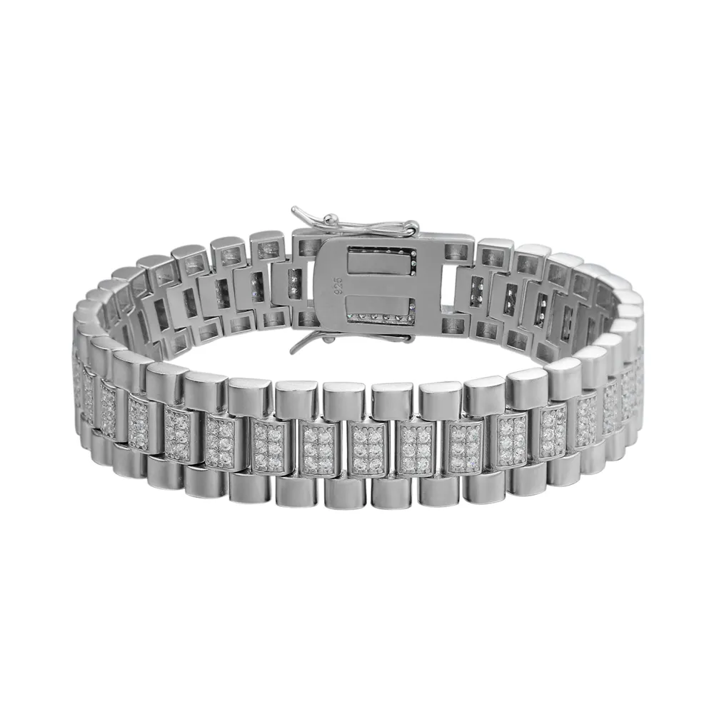 Hot Selling Men Simple Design Cubic Zircon Real 12mm 15mm 20mm 925 Sterling Silver Watch link Bracelets