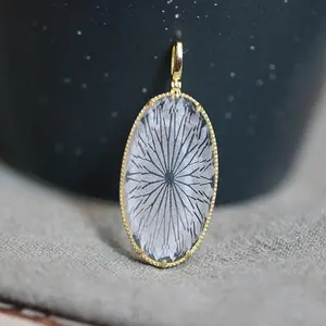 Exquisite necklace pendant silver 925 sterling gold plated oval carved white crystal stone pendant