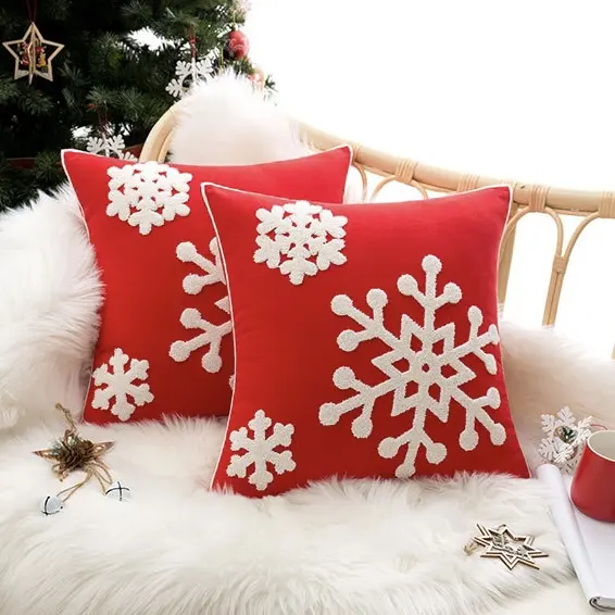 2022 Christmas Celebration Furry Snowflake Snowflower Linen Big Snow Cushion Cover for Car Sofa Home