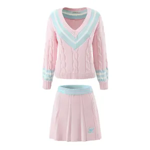 甜美风格v领长袖麻花图案粉色女式休闲套头毛衣