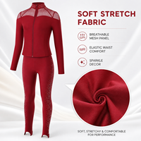 Ensemble de danse rouge pour femmes, ensemble de performance en maille avec strass et paillettes, costume de scène en 2 pièces, tenue de gymnastique professionnelle