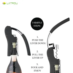 LATROU 디럭스 코르크 따개, 호일 커터가 내장된 와인 병따개, 블랙 크롬