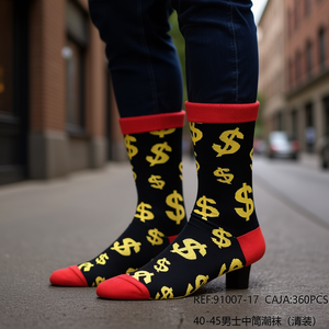 Calzini da Uomo a Metà Polpaccio 40-45 Neri con Simboli del Dollaro Gialli e Bordo Rosso, Calzini alla Moda - Product Image 3