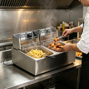 Friteuse électrique double cuve en acier inoxydable robuste 2500W+2500W, appareil de friture commercial de comptoir, facile à nettoyer, garantie 6 mois - Product Image 1